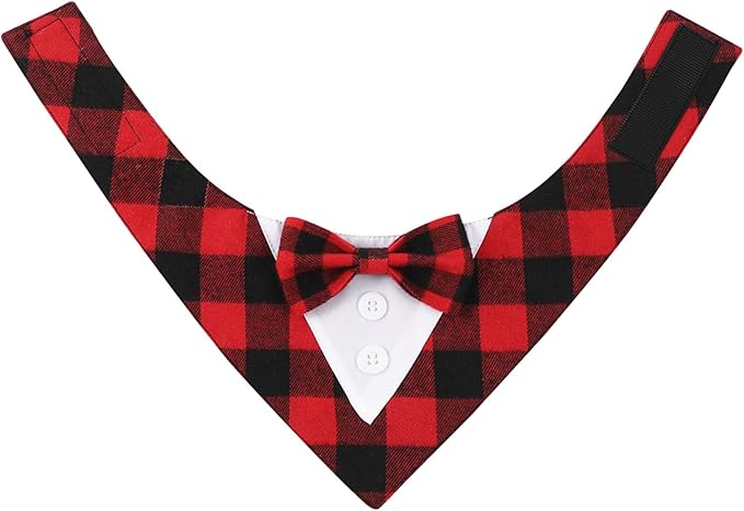 HDGDT Adjustable Red Plaid Christmas Dog Tuxedo Bandana with Bow Tie - Holiday Pet Outfit Costume for Dogs XS to XL