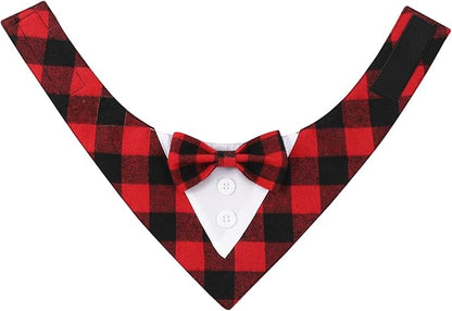 HDGDT Adjustable Red Plaid Christmas Dog Tuxedo Bandana with Bow Tie - Holiday Pet Outfit Costume for Dogs XS to XL