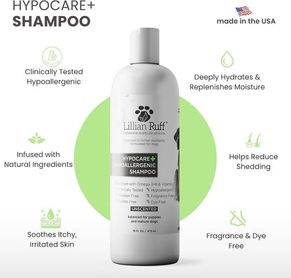 Lillian Ruff PRO Formula HypoCare+ Oatmeal Dog Shampoo | Clinically Tested Hypoallergenic Formula for Itch & Allergy Relief – Fragrance-Free with Aloe, Vitamin E & Pro-Vitamin B5 – Made in USA