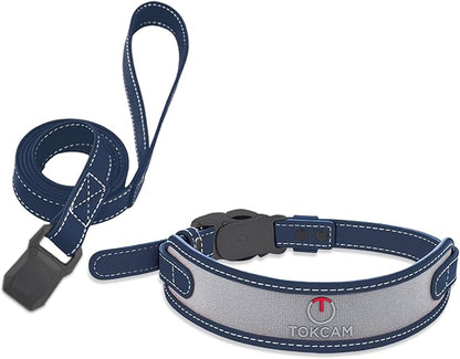Magnetic Quick-Release Buckle Dog Collar and Leash Set, Easy On & Off Faux Leather Adjustable Puppy Collar for Small, Medium, Large Girl Boy Dogs, for Daily Walks, Travel & Outdoor, Blue,M