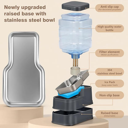 Cat Automatic Feeder Dog Water Dispenser with Stainless Steel Bowl Pet Gravity Waterer Large Capacity Feeding Raised Bowls for Small Medium Large Pets with Filter,Ice Pack 6L