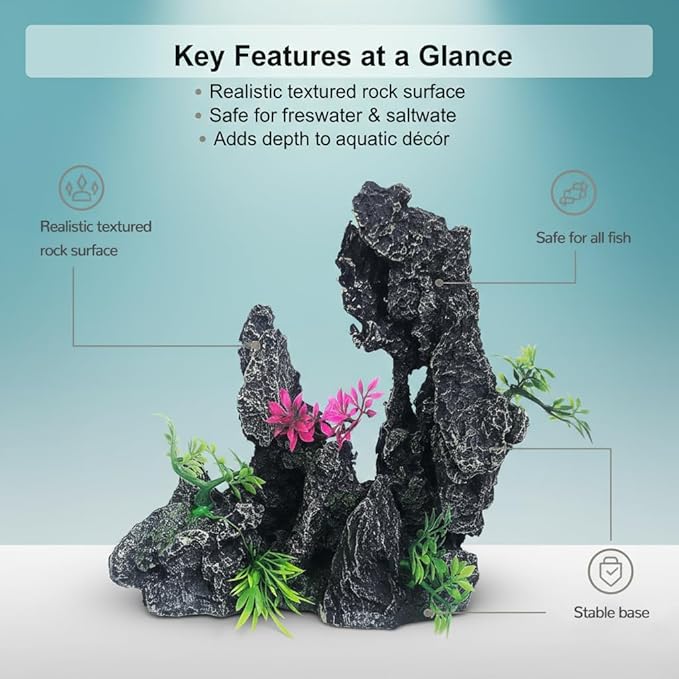J-star Large Aquarium Rock Mountain Decor – Realistic Resin Landscape Ornament for Fish Tanks – Enhances Underwater Scenery, Easy to Clean, Safe for Fish