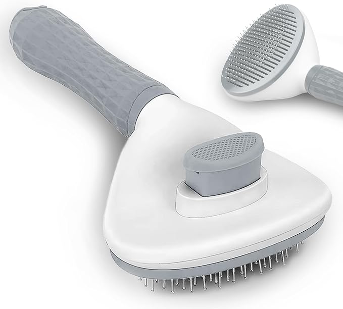 Dog & Cat Brush, Soft Self Cleaning Slicker Brush, Skin-Friendly Upgraded Dog Brush for Shedding, Massaging, and Grooming – Perfect for Long & Short Coats (Gray)