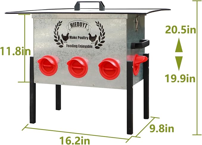 45LB Large Automatic Chicken Feeder, 8 Feeding Ports, No-Waste Poultry Feeder, Squirrel Proof Metal Chicken Feeder, with Adjustable Legs & Locking Lid and Waterproof Panel