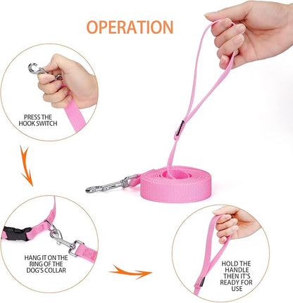 10 ft Strong Durable Nylon Dog Training Leash, Traction Rope, 1 Inch Wide, for Small and Medium Dog (Pink, 10 Feet)