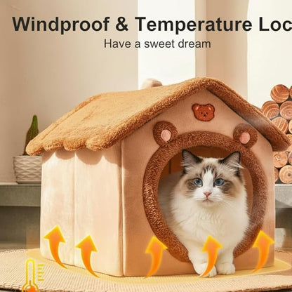 Cat Bed Cave, Cute Bear Shape Cat Beds for Indoor Cats, Cat House Cat Tent with Removable Cushion Pillow, Cat Condo Cat Cave for Kittens Puppy Small Dogs (Brown, 17.7 * 15.7 * 17.7 in)