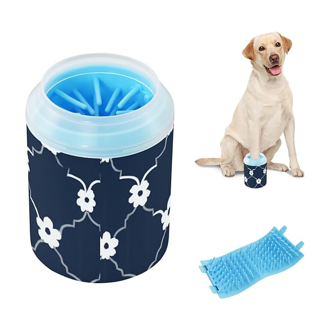 Dog Paw Cleaner Mudbuster Dog Foot Washer for Small Medium Large Dogs Cats Premium Pet Supplies Navy Blue Floral Quatrefoil