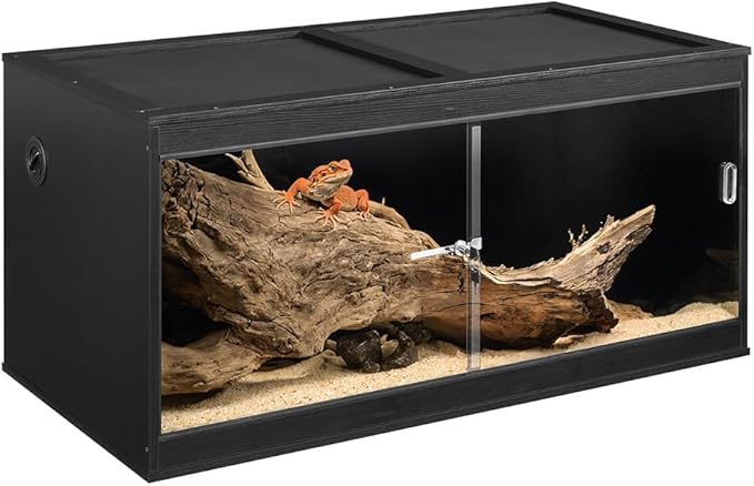 unipaws 110 Gallon Reptile Tank for Lizards, Bearded Dragon Enclosure Terrarium, Large Stackable Cage with Glass Sliding Doors and Lock and Cable Port, Black