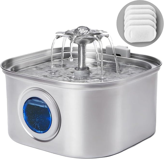 Cat Water Fountain Stainless Steel, 3.2L/108oz Pet Water Fountain with Water Level Window, Automatic Cat Water Dispenser for Drinking Indoor, Dogs, Multiple Pets,9 Replacement Filters & 9 Sponge