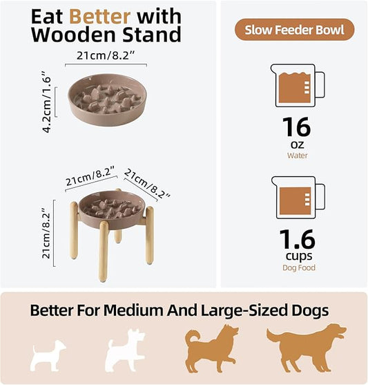 Ceramic 1.6 Cup Dog Raised Slow Feeder Set, Elevated Bowl with Wooden Stand for Medium and Large Dog, 8.2inch Slow Feeder Dish for Fast Easters, Anti-Gulping(Brown Coffee, Single Bowl+ Stand)