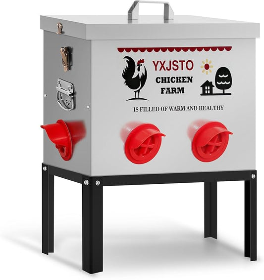 YXJSTO 40LB 6 Ports Large Automatic Chicken Feeder, No-Waste Metal Poultry Feeder, Chicken Feeder Box with Adjustable Legs & Locking Lid