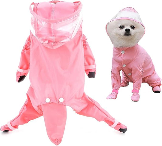 SMALLLEE_LUCKY_STORE Cute Raincoat for Small Dogs with Hood and Boots Detachable Tail Puppy Botton Down Rain Jacket Full Boby 4 Leg Jumpsuit Waterproof Lightweight Clothes,Pink,S