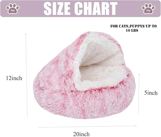 Calming Round Dog Bed & Cat Cave with Hooded Cover, Plush Fluffy Anti-Anxiety Cat Bed, Waterproof Bottom Washable (Pink, 20x20inch)