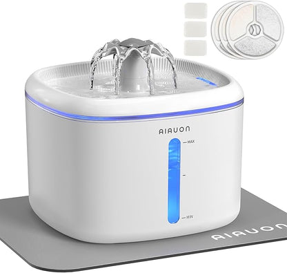 Cat Water Fountain,84oz/2.5L Pet Cat Fountain – Ultra Quiet Upgraded Automatic Pet Water Dispenser with 3 Replaceable Filters, Indoor Cat & Dog Drinking Bowl (with mat)