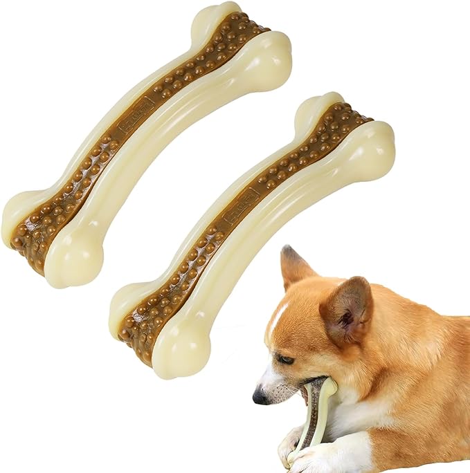 Dog Bones for Aggressive Chewers, 2 Pack Real Beef Flavor Puppy Teething Toys for Medium/Small Breeds, Nylon Durable Dog Chew Toys