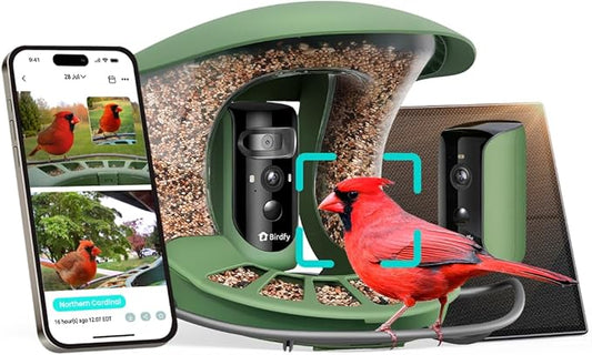 Birdfy 2 Smart Bird Feeder with Camera, AI Identifies Bird Species, 2K Dual-Lens + Side HD Camera for Live Streaming & Feeding View, Solar-Powered Backyard Birdwatching Gift Present