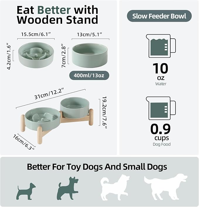 Ceramic 0.9 Cup Raised Slow Feeder Dog Bowl Set, Elevated 5.1inch Water Bowl and 6.1inch Puzzle Slow Pet Food Dish with Wooden Stand for Small Dog and Cat(2 x Light Green+ Stand)