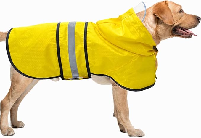 Dog Raincoat Waterproof Reflective Slicker - Lightweight Breathable Hooded Poncho Rain Coat Jacket with Adjustable Belly Strap and Leash Hole for Small Medium Large Dogs (Large, Yellow)