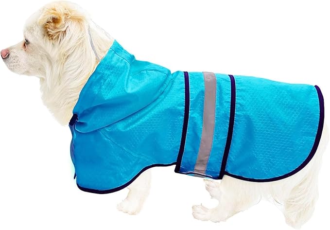 Dog Raincoat Waterproof Reflective Slicker - Lightweight Breathable Hooded Poncho Rain Coat Jacket with Adjustable Belly Strap and Leash Hole for Small Medium Large Dogs (Blue, X-Small)