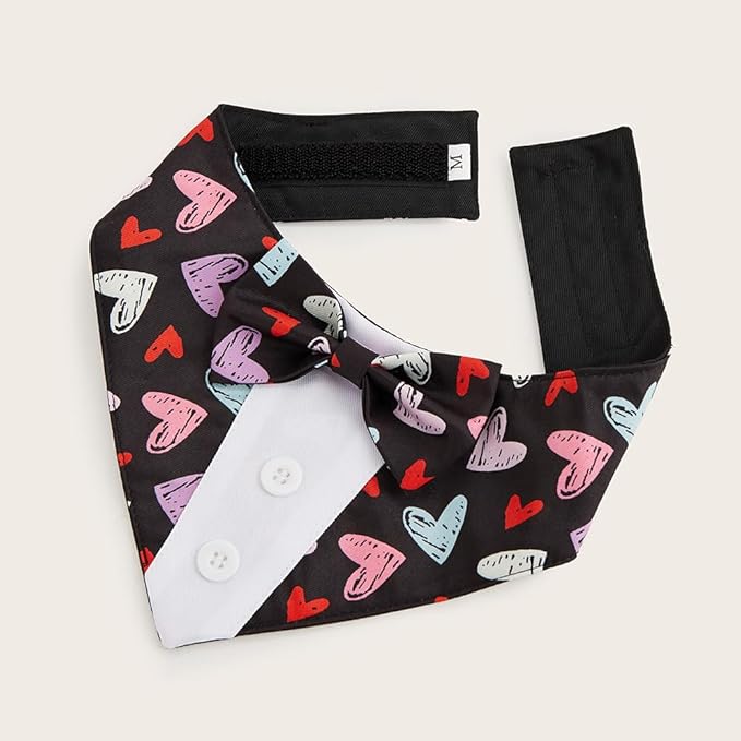 Valentine Dog Tuxedo Bandana with Bow Tie, Adjustable Tuxedo Style Heart Pattern Pet Costume for Dogs, XS to XL