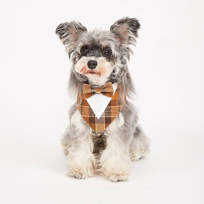 Fall Dog Tuxedo Bandana, Orange Plaid Pet Collar with Bowtie, Adjustable Halloween Thanksgiving Dog Tux Costume for Small Medium Large Pets