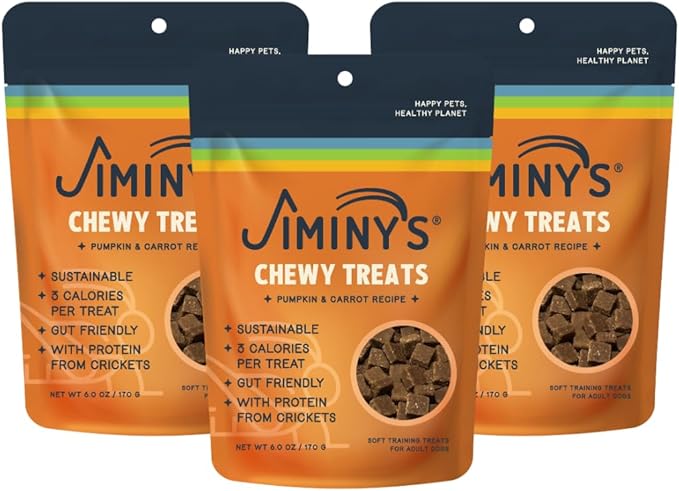 Jiminy's Chewy Cricket Training Treats for Dogs, Low Calorie, Hypoallergenic, Made in USA, 6oz, Pumpkin & Carrot (Pack of 3)