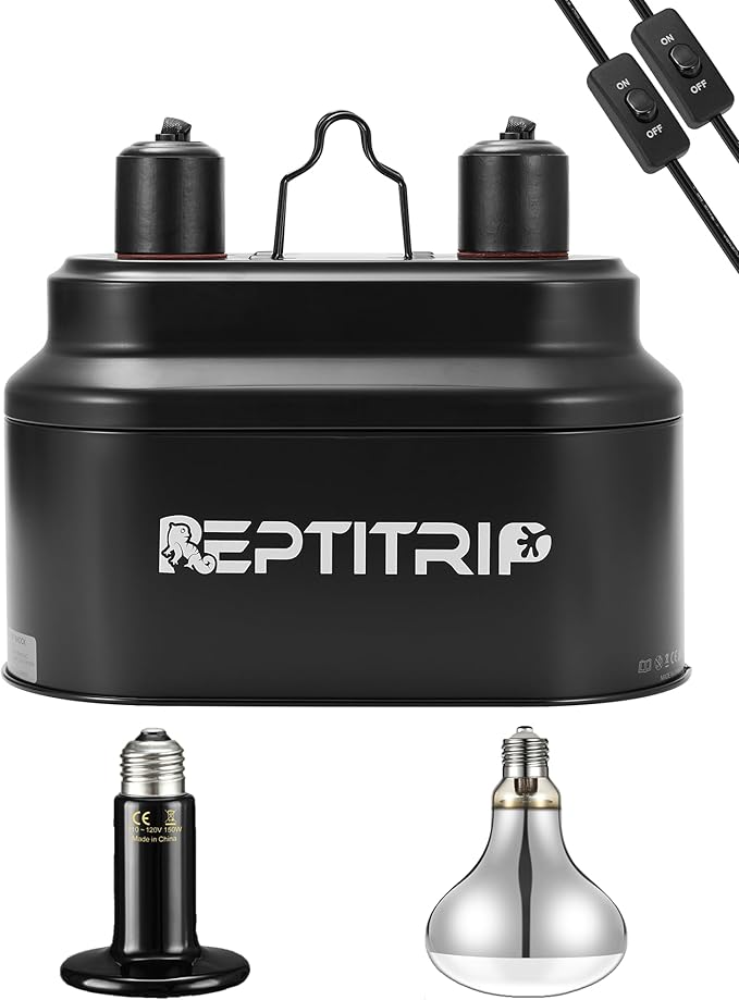 Dual Reptile Light Fixture with 100W Full Spectrum UVA UVB Light Bulb & 100W Nighttime Ceramic Heat Emitter, 2 Independent Switches, Reptile UVA UVB Heat Combo Pack