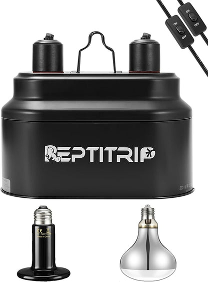 Dual Reptile Light Fixture with 100W Full Spectrum UVA UVB Light Bulb & 100W Nighttime Ceramic Heat Emitter, 2 Independent Switches, Reptile UVA UVB Heat Combo Pack