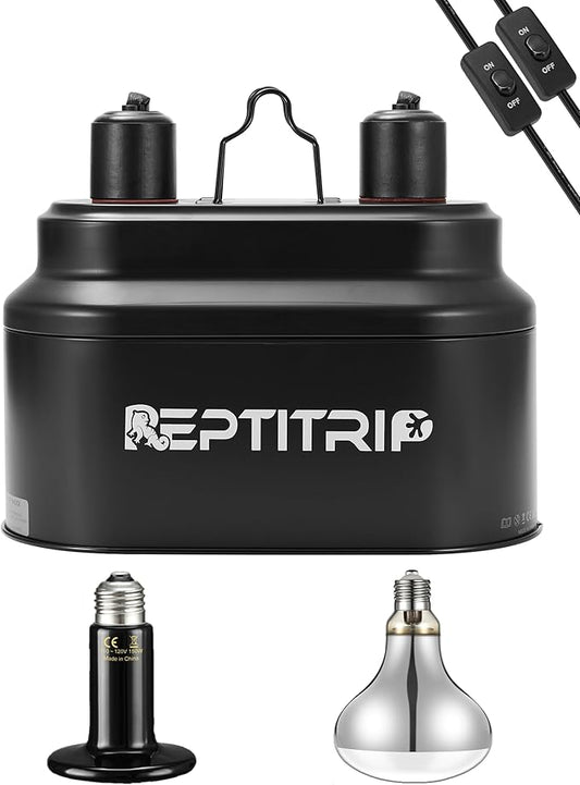 Dual Reptile Light Fixture with 100W Full Spectrum UVA UVB Light Bulb & 100W Nighttime Ceramic Heat Emitter, 2 Independent Switches, Reptile UVA UVB Heat Combo Pack