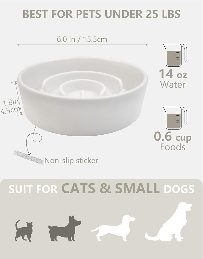 Ceramic Slow Feeder Dog Bowls, 0.6 Cup Slow Feeder for Small Dogs and Cats, Puzzle Maze Bowl, Prevents Choking, 6in, White