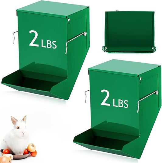 Maxcheck 2 Pcs Rabbit Feeder for Cages Small Animal Food Dispenser with Lid Metal Chicken Grit Oyster Shell Feeders Outside(4.7 Inches,Solid Bottom,Green)