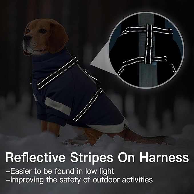 XL Winter Coat for Medium Dogs,Reflective Harness Built in | Turtleneck Dog Snowsuit with Sleeves for Snow Day Keep Warm,Outdoor Activities Water-Repellent & Windproof Jacket (Navy-Blue)