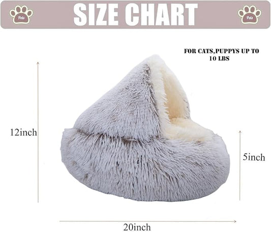 Calming Round Dog Bed & Cat Cave with Hooded Cover, Plush Fluffy Anti-Anxiety Cat Bed, Waterproof Bottom Washable (Coffee, 20x20inch)