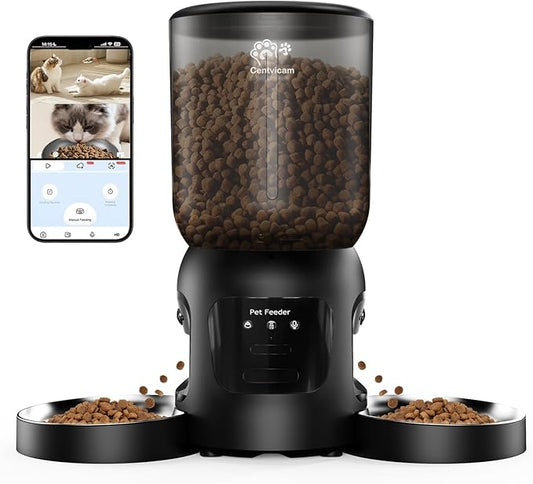 Automatic Cat Feeder with Camera for 2 Cats, 2K HD Video with Night Vision, 5G/2.4G WiFi with 2-Way Audio, Timed Automatic Cat Feeders for Cat & Dog, Dual Power, Black