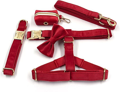 Personalized Velvet Dog Collars with Pet Name Phone Number Engraved, Custom Adjustable Soft Collar with Metal Buckle for Small Medium Large Dogs, Dog Leash and Bow Tie Available -Red