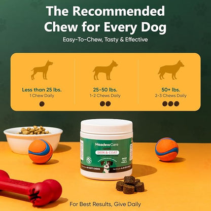 Skin and Coat Supplement for Dogs | Omega 3 Fatty Acid Formula to Support Canine Healthy Skin, Reduce Shedding, and Improve a Glossy, Shiny Coat | 60 Tasty Soft Chews 180g (6.35 oz) | by MeadowCare