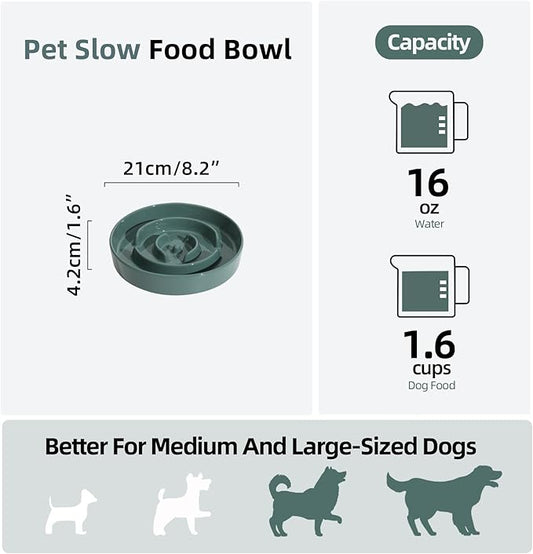 Ceramic 1.6 Cup Slow Feeder Dog Bowl for Medium and Large Breed, 8.2inch Puzzle Dog Food Dish, Anti-Gulping, Stop Bloat, Preventing Choking (Single Bowl-Dark Green)