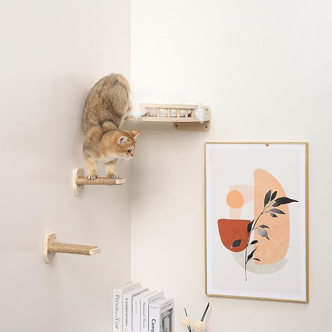 3-in-1 Cat Climbing Wall Steps with Hemp Rope, Shelves and Perches, Scratching Pads for Cats Playing and Climbing (Wood)