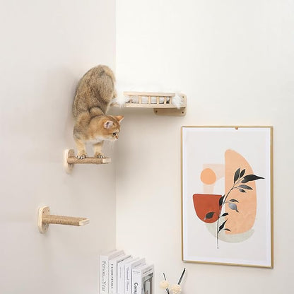 3-in-1 Cat Climbing Wall Steps with Hemp Rope, Shelves and Perches, Scratching Pads for Cats Playing and Climbing (Wood)