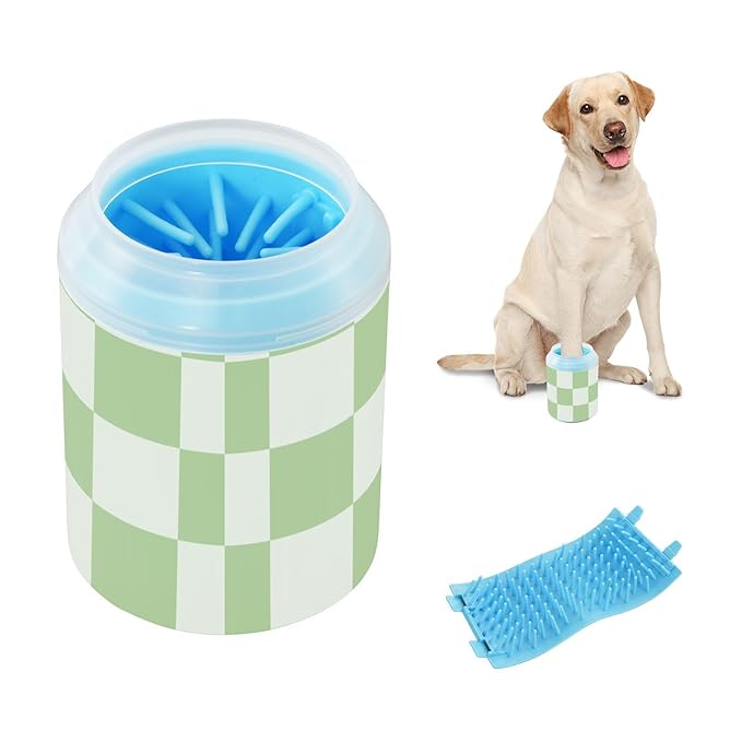 Dog Paw Cleaner Mudbuster Dog Foot Washer for Small Medium Large Dogs Cats Premium Pet Supplies Checkered Mint Green and White