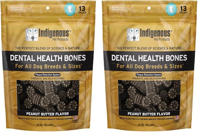 Indigenous Pet Dental Health Bones Regular 2 Pack – Peanut Butter (17 Ounce x 2) | Grain-Free Dog Chews with Prebiotics & Omegas | Freshens Breath, Supports Digestive, Skin & Coat Health |