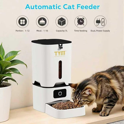 TYM Automatic Cat Feeder, 7L Cat Food Dispenser with 2.4G WiFi, Timed Cats Feeder with APP Control, Auto Pet Food Dispenser for Small Pets, Dogs, Dual Power Supply, Detachable for Easy
