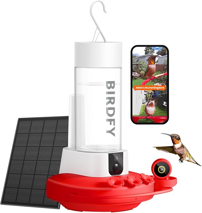 Birdfy Hummingbird Feeder with Dual Cameras - 2K HD Smart Cameras Solar Powered, Close-Up Bird Video/Live Watching & Instant Notifications, Ant Moat & Leakproof - 20oz (AI Lifetime)