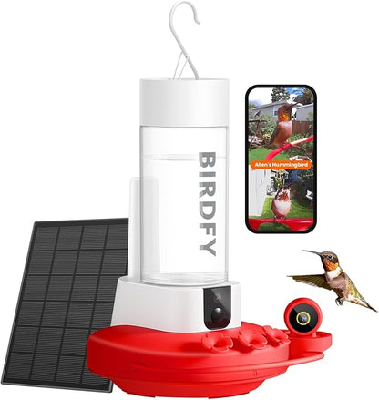 Birdfy Hummingbird Feeder with Dual Cameras - 2K HD Smart Cameras Solar Powered, Close-Up Bird Video/Live Watching & Instant Notifications, Ant Moat & Leakproof - 20oz (AI Lifetime)