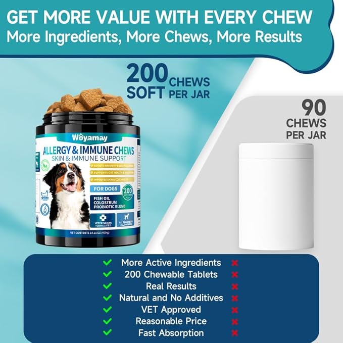 200 Dog Allergy Relief Chews for Dogs Itchy Skin Relief, Anti Itch for Dogs Ears & Paw Relief, Itchy Dog Skin Relief for Seasonal Allergy, Omega 3 Fish Oil, Turmeric & Colostrum Immune Support