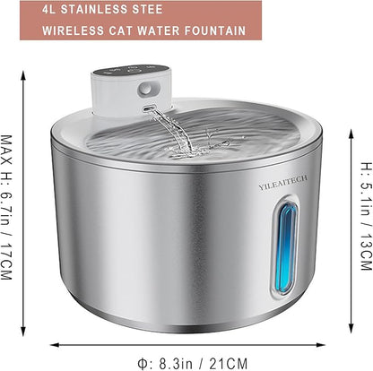 Wireless Cat Water Fountain Stainless Steel, 135oz/4L Cat Fountain, Battery Operated, Cordless Pet Water Fountain for Cats & Dogs with Motion Sensor, Ultra Quiet Pump, 12 Filters (SS, 4L)