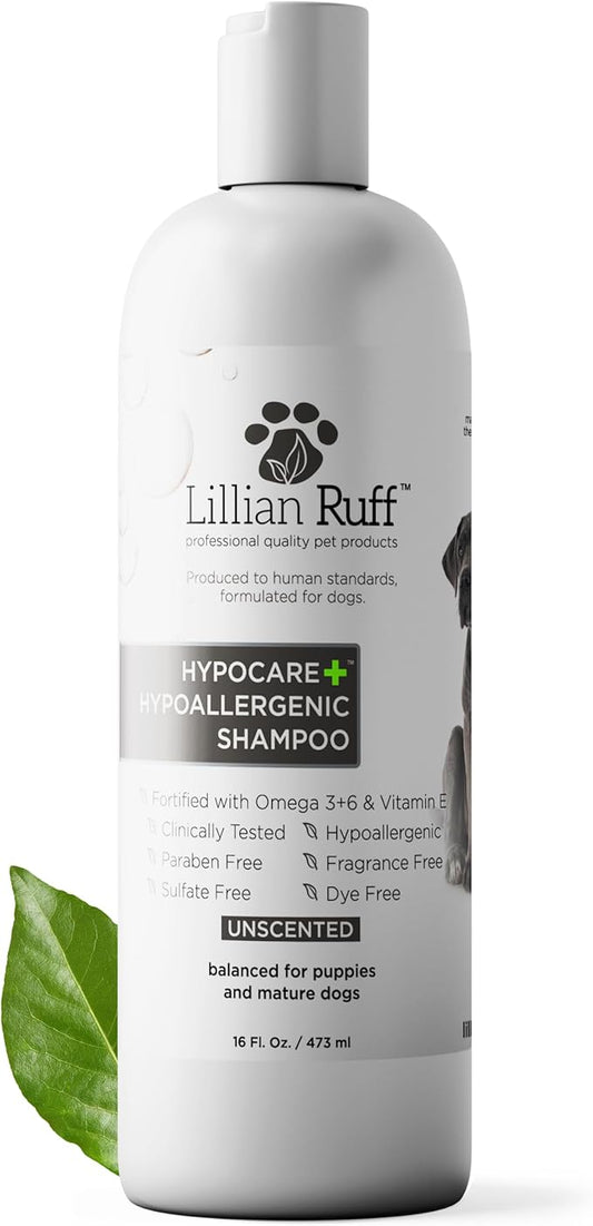 Lillian Ruff PRO Formula HypoCare+ Oatmeal Dog Shampoo | Clinically Tested Hypoallergenic Formula for Itch & Allergy Relief – Fragrance-Free with Aloe, Vitamin E & Pro-Vitamin B5 – Made in USA