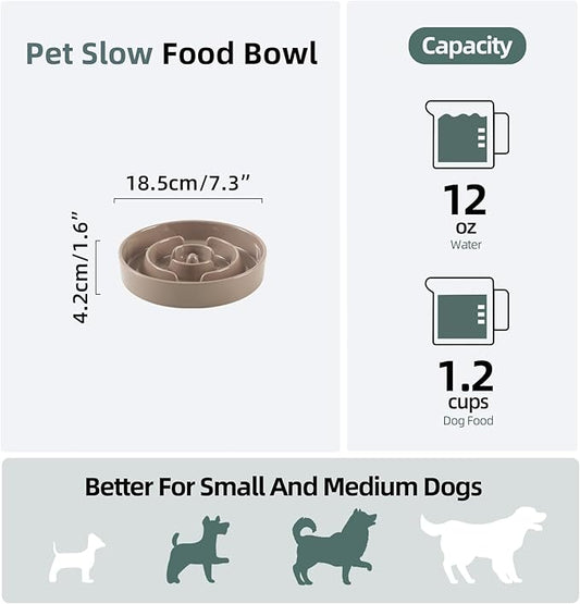 Ceramic 1.2 Cup Slow Feeder Dog Bowl for Medium and Small Breed, 7.3inch Puzzle Dog Food Dish, Anti-Gulping, Stop Bloat, Preventing Choking (Single Bowl-Brown Coffee)