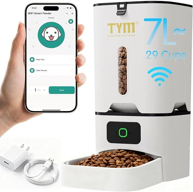 TYM Automatic Cat Feeder, 7L Cat Food Dispenser with 2.4G WiFi, Timed Cats Feeder with APP Control, Auto Pet Food Dispenser for Small Pets, Dogs, Dual Power Supply, Detachable for Easy