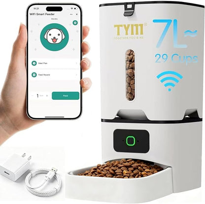 TYM Automatic Cat Feeder, 7L Cat Food Dispenser with 2.4G WiFi, Timed Cats Feeder with APP Control, Auto Pet Food Dispenser for Small Pets, Dogs, Dual Power Supply, Detachable for Easy